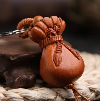

Chinese Peach Wood Carved Word Buddha Word Money Bag Exquisite Car Key Chain Pendant