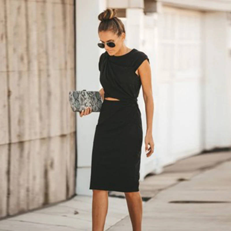 

Women Summer Dress Casual O-Neck Solid Knee-Length Pencil Dresses