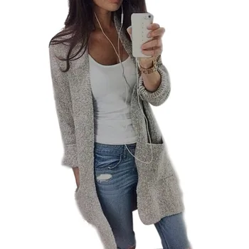 

Women Coat Autumn Winter Knitted Sweaters Long Sleeve Loose Cardigan Women Open Stitch Stylish Grey