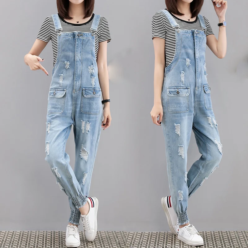 

Korean Fashion Female Ripped Rompers Womens Blue Denim Jumpsuit Women High Waist Hole Overalls Spring and Summer Clothes