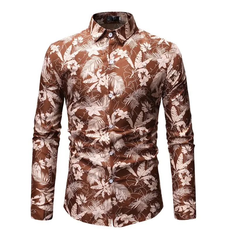 Mens Red Leaves Print Shirt 2019 Fashion Long Sleeve Male Black Wedding Dress Shirts Hawaiian Beach Party Holiday Chemise Homme