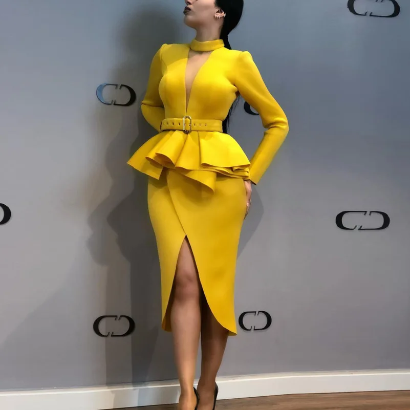 

Woman yellow Dress vestido Long Sleeve Space Layer mesh sexy transparent party bodycon dresses ukraine clothes jurken sukienki