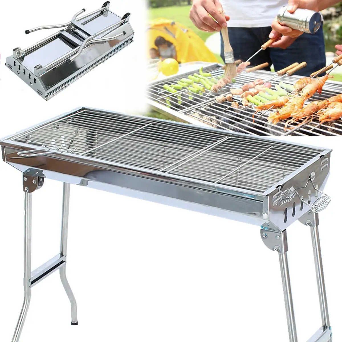 

73x33.5x71cm Picnic Camping Grill Foldable BBQ Grill Barbecue Charcoal Stove Cooker Stainless Steel Portable Party outdoor Party