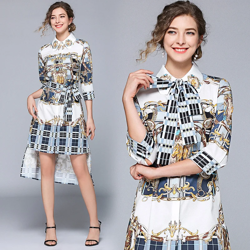 

Summer Dress Women Print Designer Runway Dresses 2019 Women Quality hi low Vintage Midi Dress Robe Femme bow up