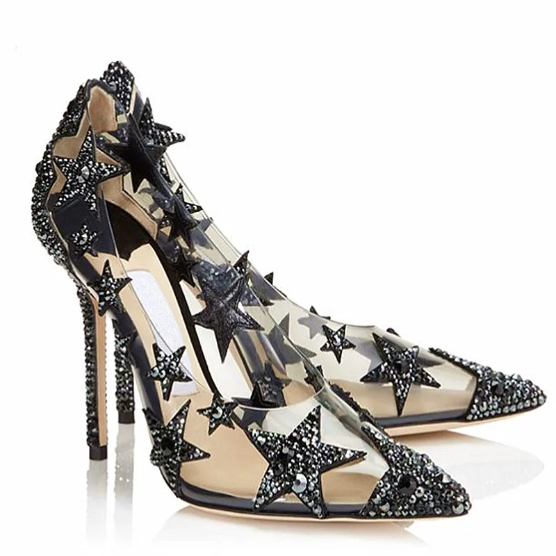 

Glitter Rhinestone Embellished Star Design Women Pumps Pointed Toe Shallow Luxury High Heels Shoes Spring Elegant Stilettos Pump
