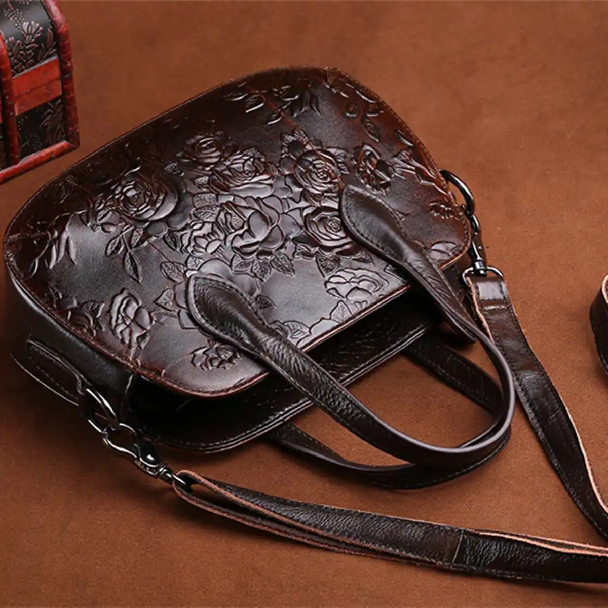 AEQUEEN Women Genuine Leather Bag Ladies Flower Embossed Handbag Vintage Shoulder Messenger Bag Female Tote Purse Travel Bag