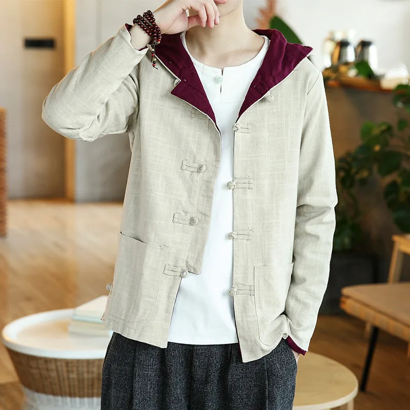

#4311 Spring Autumn Chinese Style Vintage Linen Coat Men Plus Size M-5XL Hooded Streetwear Kimono Jacket Men Single Breasted