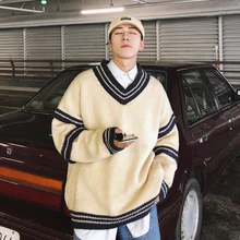 Зимние корейские мужские модные повседневные свободные однотонные с v-образным вырезом с длинными рукавами шерстяной вязаный пуловер, свитер для мужчин M-2XL