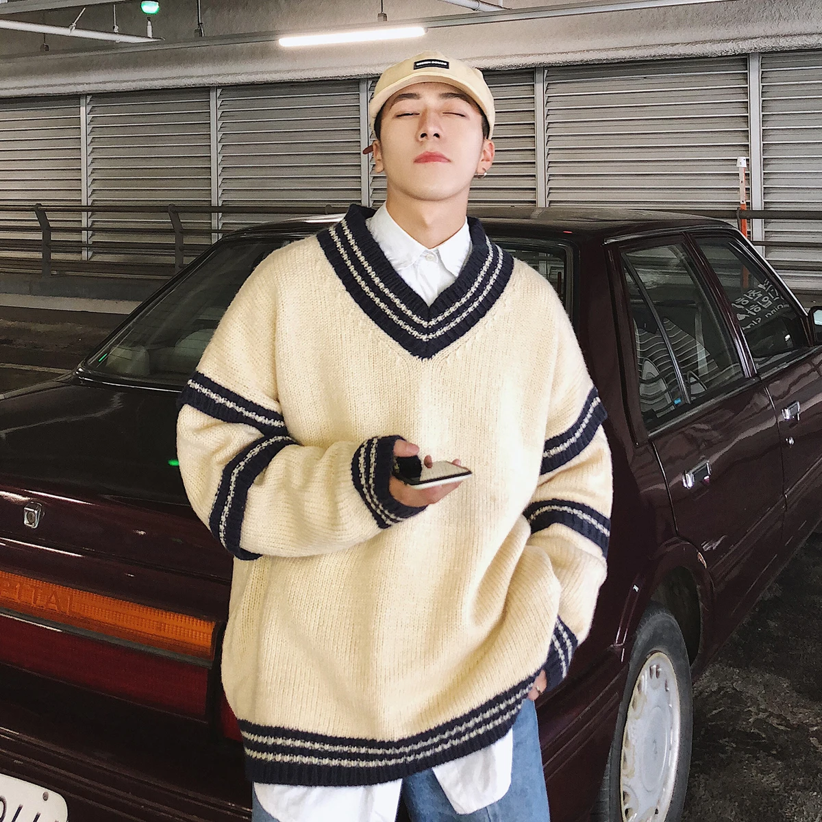 

2019 Winter Korean Men Fashion Casual Loose Solid Color V-neck Long Sleeve Woolen Cachemire Knitting Pullover Sweater Male M-2XL