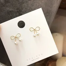Корея Новая мода ювелирные изделия крошечные бант милые женские серьги изысканный узел ленты серьги жемчуг Подарки на день рождения