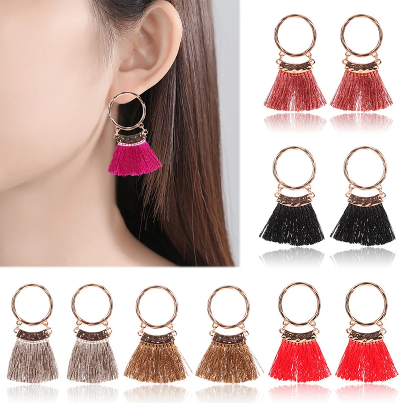 

new 7 Colors Multicolor Golden 1Pair Circular Sector Fashion Bohemian Long Tassel Small Circle Valentines Gift Drop Earring