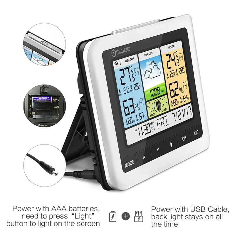 Digoo DG-TH8888, Цифровая метеостанция, белый цвет, беспроводной домашний термометр, измеритель влажности, USB, открытый, датчик погоды, часы