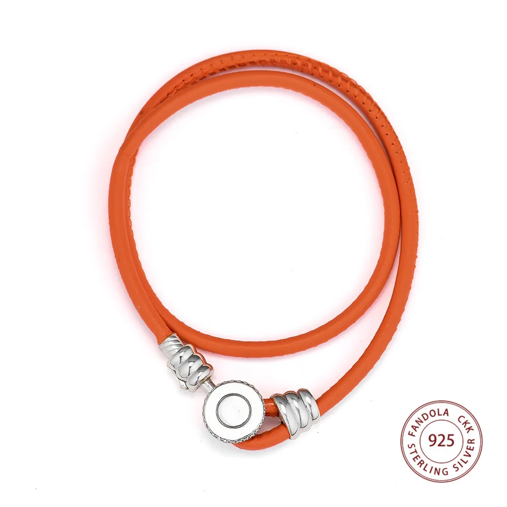 

CKK 925 Sterling Silver Bracelets for Women 925 Silver Orange Double Leather Charm Bracelet Argent Jewelry Pulseira Feminina