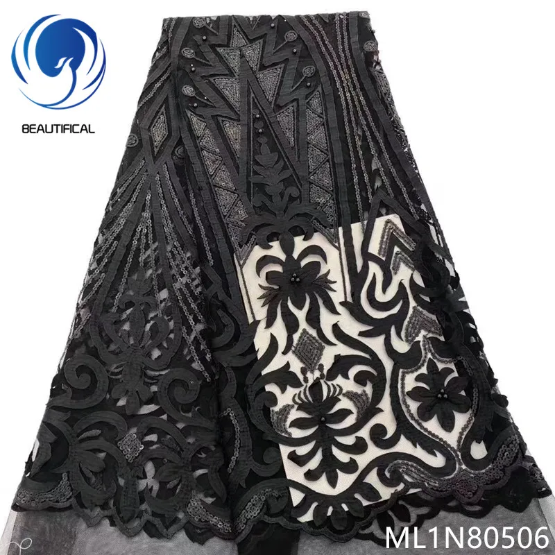 

BEAUTIFICAL nigerian net laces fabrics high quality black lace fabric with sequins and beads free shipping 5 yards/lot ML1N805