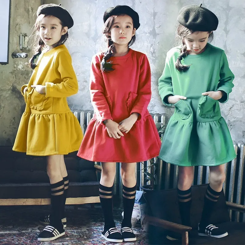 

Teenage Kids 2019 Autumn Winter Spring Cotton Long Sleeve Dresses Green Red Yellow Little Girl Princess Dress Clothes