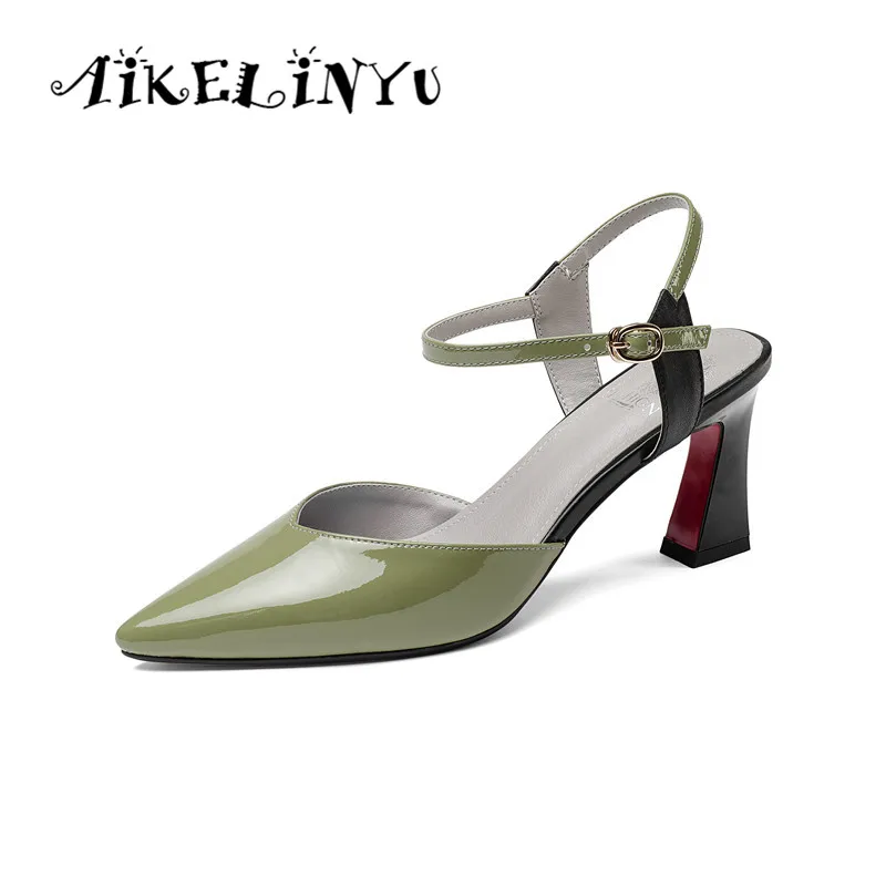 

AIKELINYU Summer Genuine Leather Women Sandals Pointed Toe High Heel Shoes Green Sexy Fashion Sandals Girls Shoes Sandals Woman