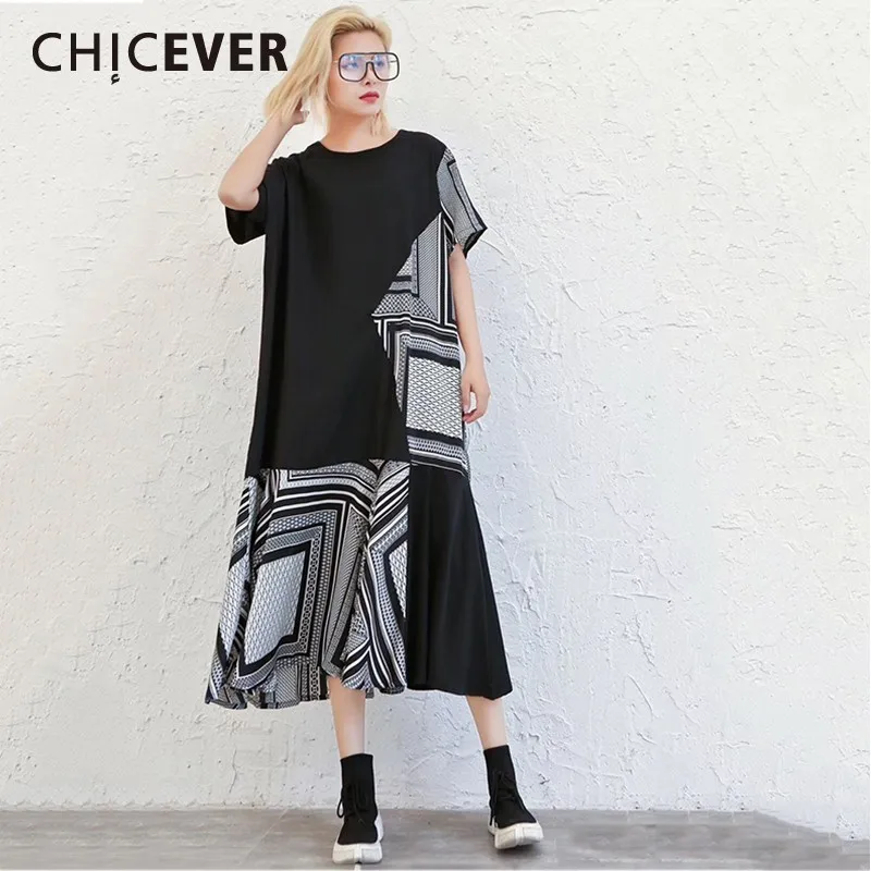 

CHICEVER Spring Patchwork Print Hit Color Women Dress O Neck Short Sleeve Loose Oversize Mid-calf Dresses For Women 2019 Fashion
