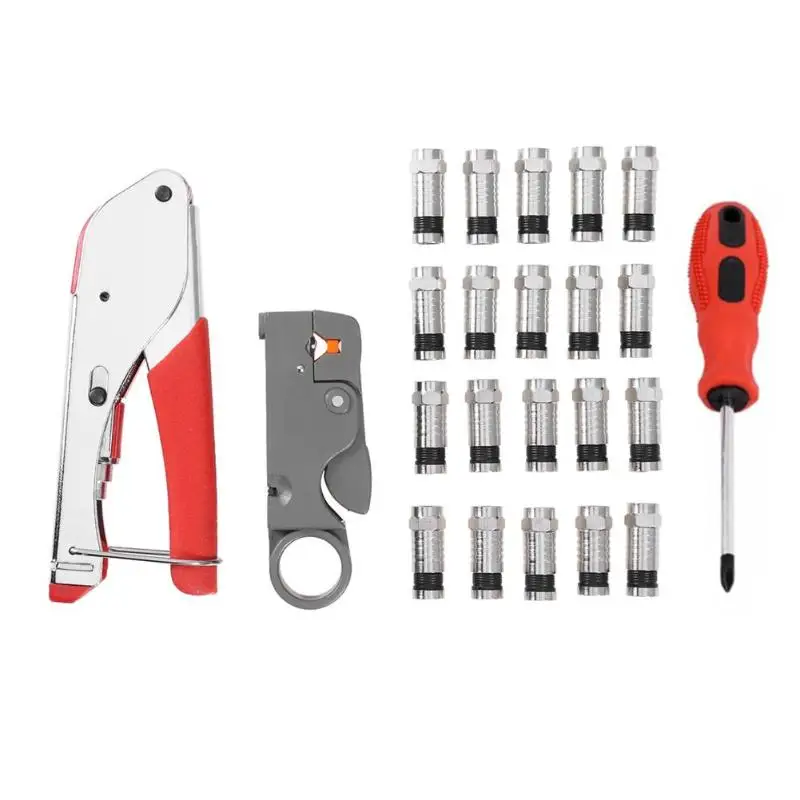 

New Multitool Wire Stripping Squeezing Pliers Coaxial Cable Cold Press Clamp RG59 RG6 Cable TV Crimping Tool Set with 20 F Heads