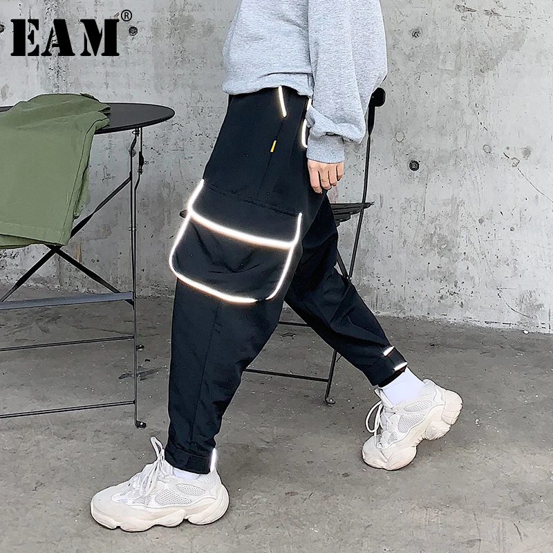 

[EAM] 2019 New Spring Summer High Elastic Waist Loose Illuminate Big Pocket Wide Leg Pants Women Trousers Fashion Tide JQ111