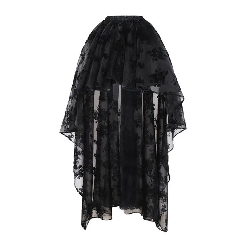 

New Women's Black Floral Organza Skirt Gothic Vintage Asymmetrical Embroidery Lace Skirt Latin Dance Sexy Wedding Party Skirt