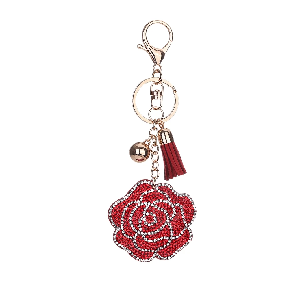

Crystal Flower Rose Shaped Pendant Keychain Rhinestone Floral Key Chain Car Key Buckle Keyring Red