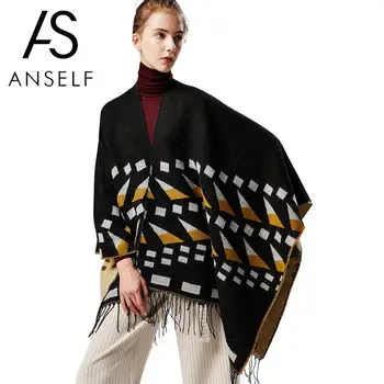 

Autumn Winter Women Poncho Scarf Cardigan Tassels Geometrical Color Block Warm Cape Shawl Long Scarves Female Casual Pashmina