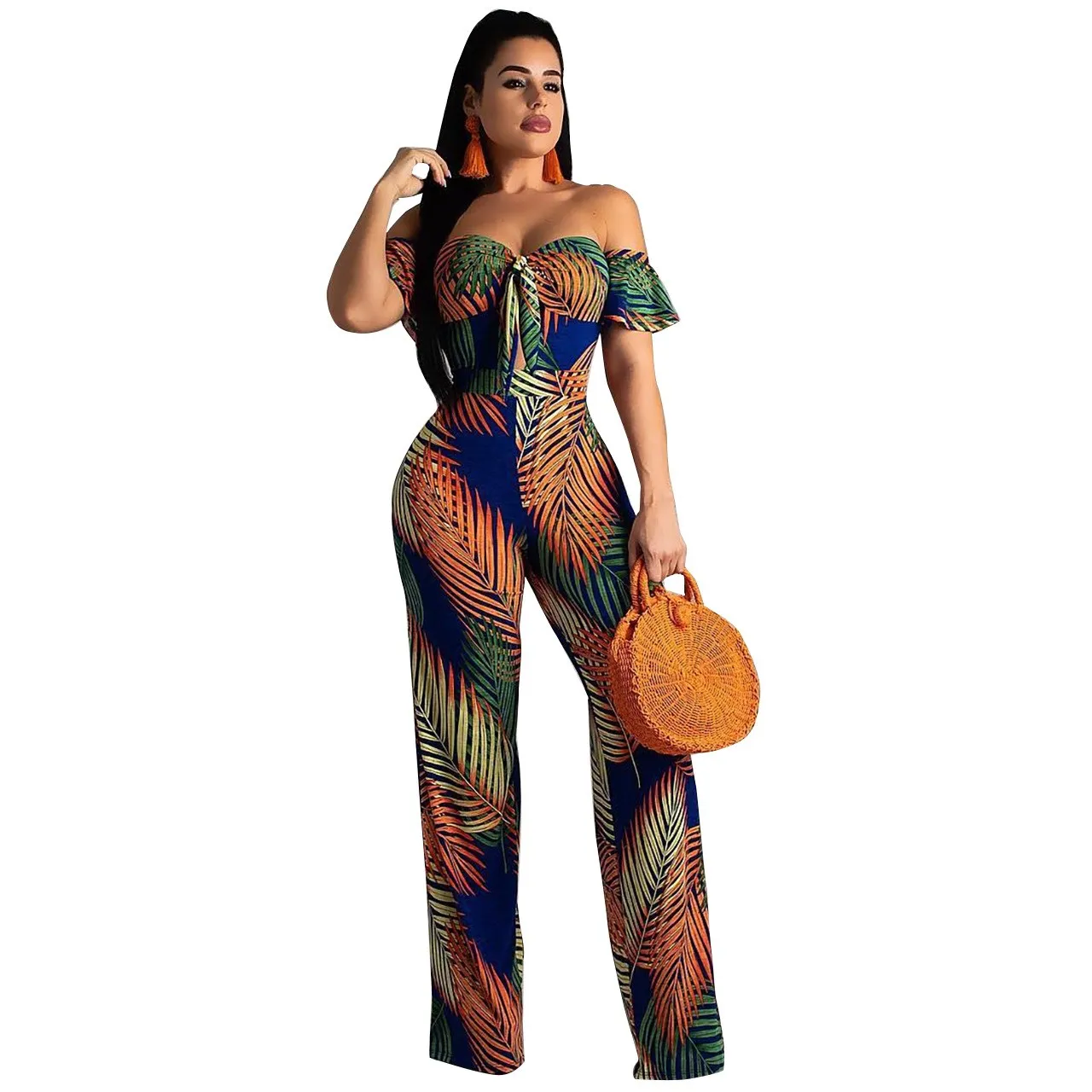 

2019 Summer Women Floral Print Long Romper Sexy Slash Neck Ruffle Off Shoulder Wide Leg Jumpsuit
