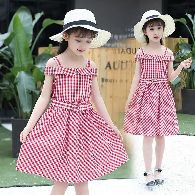 

Girl Shoulder Cotton Dress 2019 Summer Clothes New Korean Version Foreign Gas One Word Shoulder Big Boy Plaid Tide Suit 12 year