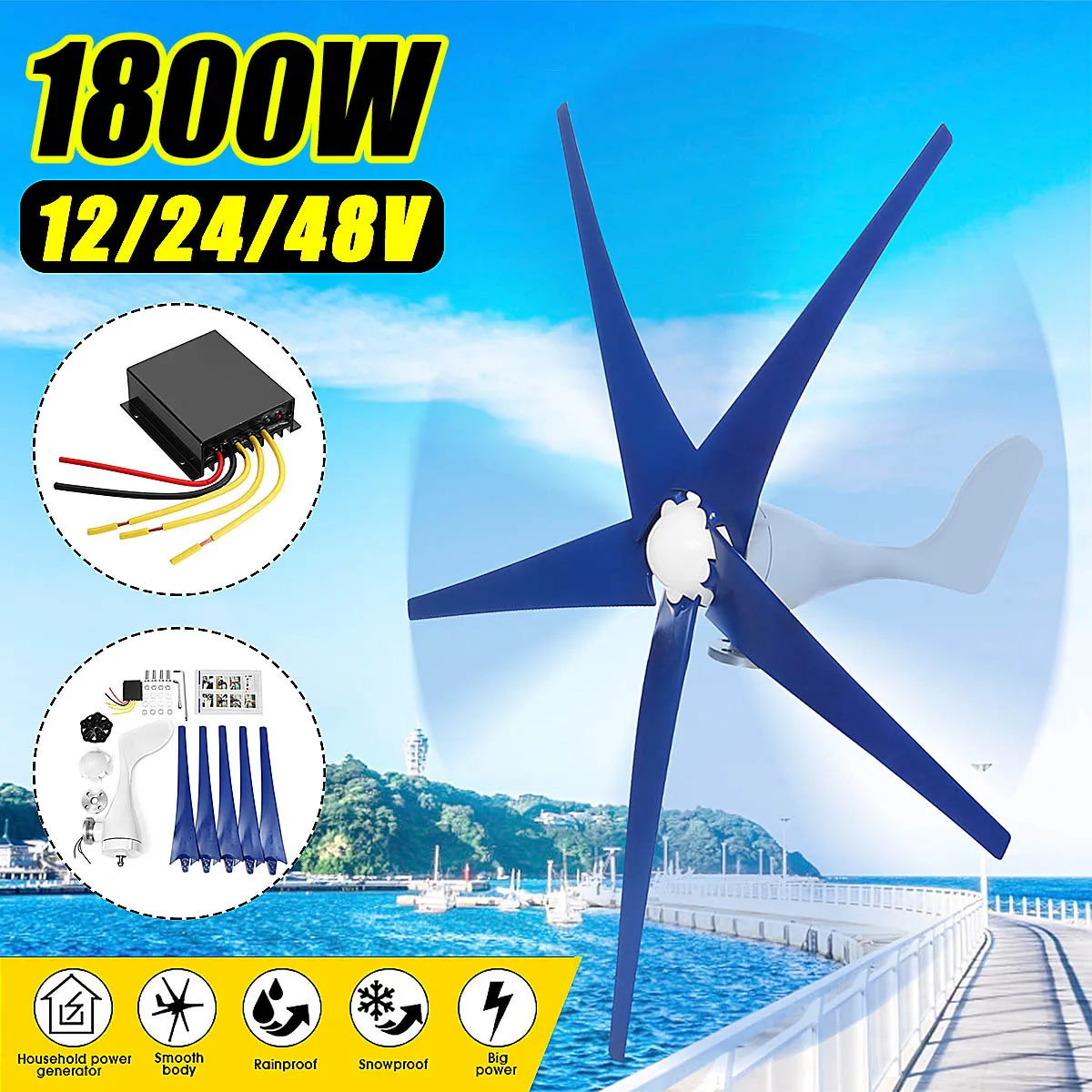 

1800W 12/24/48 Volt 3/5 Blade+Controller Wind Turbines Horizontal Home Wind Generator Power Windmill Energy Turbines Charge