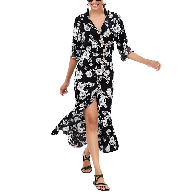 Для женщин Мода цветочный принт Boho пляжное платье разрез на элегантных кнопках с длинным рукавом V образным вырезом Высокая талия пляжная