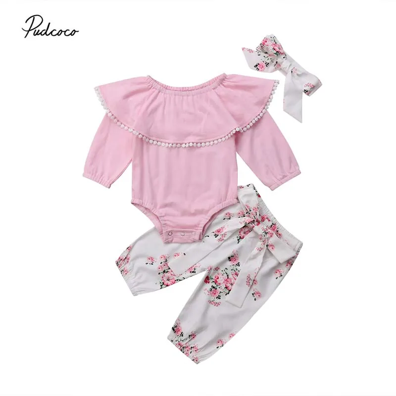 

Pudcoco 2019 Floral Toddler Baby Girl Clothes Ruffle Tassel Bodysuit Tops Floral Pants Headband 3Pcs Casual Cotton Outfits Set