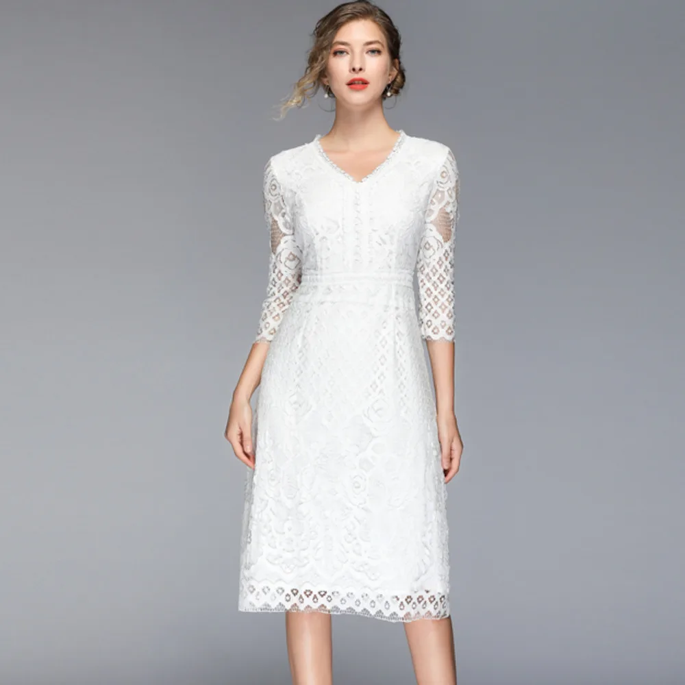 

Women Lace White Dress Summer 2019 Fit Crochet Flower Embroidery Vestidos Hollow Out Elegant Casual Vintage Party Long Dress