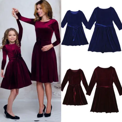

New Arrivals Sashes Mother and Daughter Kids Long Dress Matching Women Girls Velet Family Clothes Soft Warm Sweet Midi Dresses