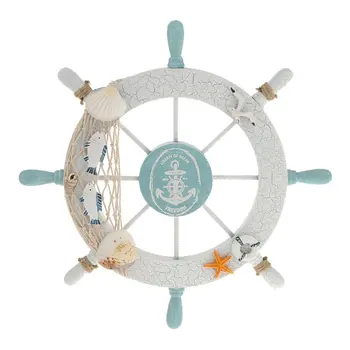 

Mediterranean Decoration Nautical Beach Wooden Boat Ship Steering Wheel Fishing Net Shell Home Wall Decor White - Fish