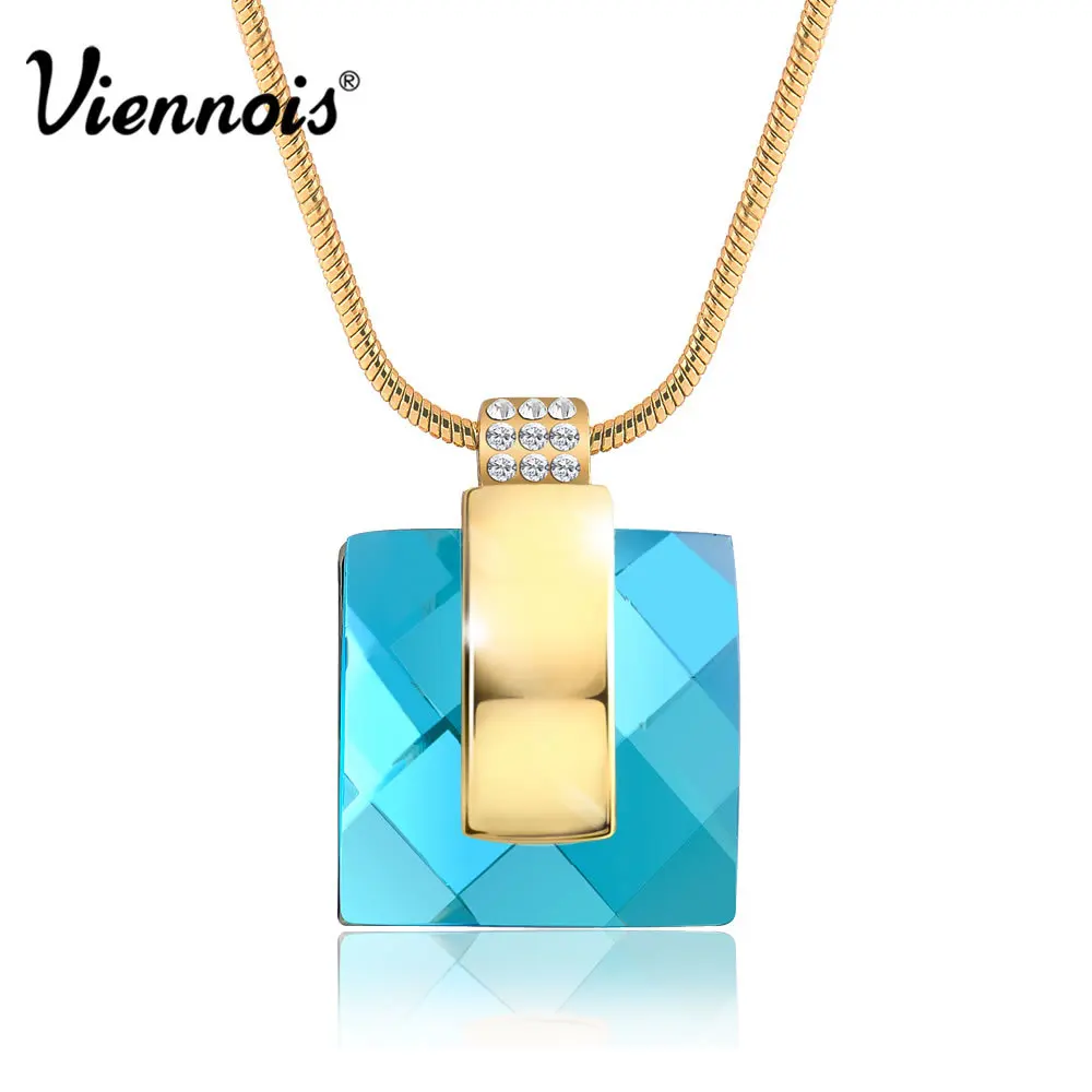 

Viennois Pendant Necklaces for Women Gold Color Blue Crystal Rhinestone Square Necklace