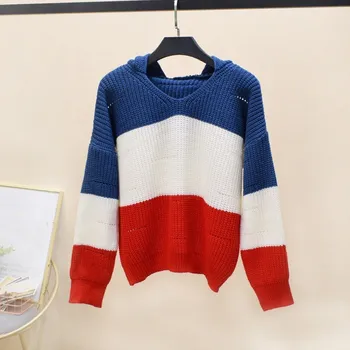 

Fashion Spring Autumn Long Sleeve Stripe Jumpers Women Drop Shoulder Knitted Pullovers Casual Hooded Loose Sweater