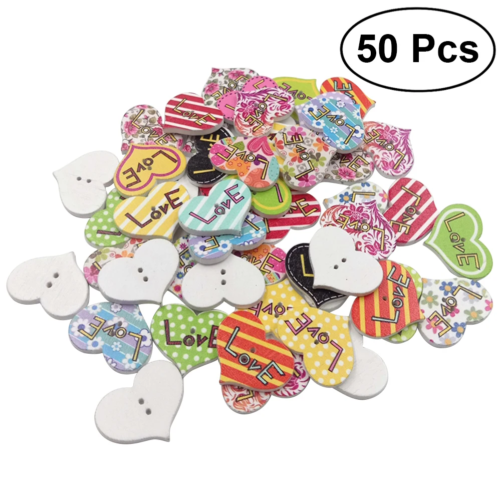 

50 Pcs Colorful Heart Shape Wooden Button DIY Sewing Scrapbooking Accessory 2 Holes Random Pattern Wood Sewing Buttons
