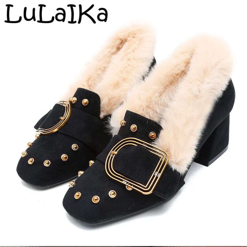 

Sexy Suede Round Head Solid Color Lady Hairy Pumps Fashion Rivets Metal Buckle Elegant Woman Party Wedding High Heel Shoes 5.5cm