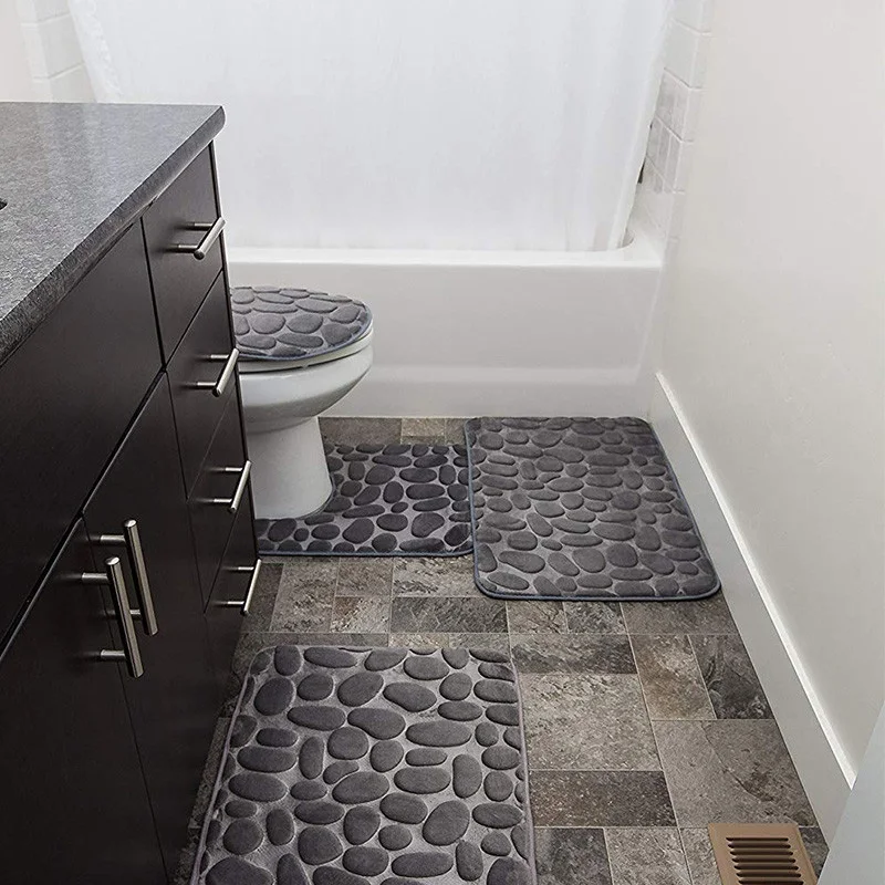 Наборы ковров из серых камней с эффектом памяти, очень мягкие коврики для ванной комнаты, набор из 3 предметов, большой коврик для душа, коврик для ванной