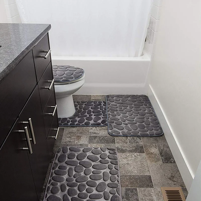 Gray Stones Carpet Sets Memory Form Extra Soft Bathroom Rug Mats