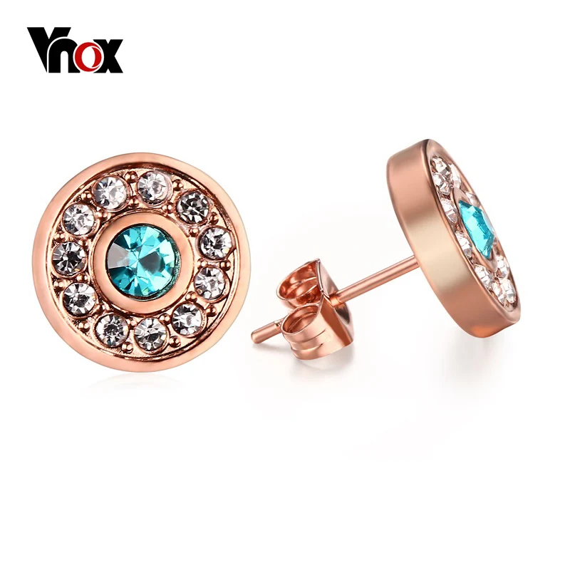 

Vnox Elegant Women Stud Earrings 585 Rose Gold color Round Stainless Steel Shinny CZ Stones Earings Female Gift