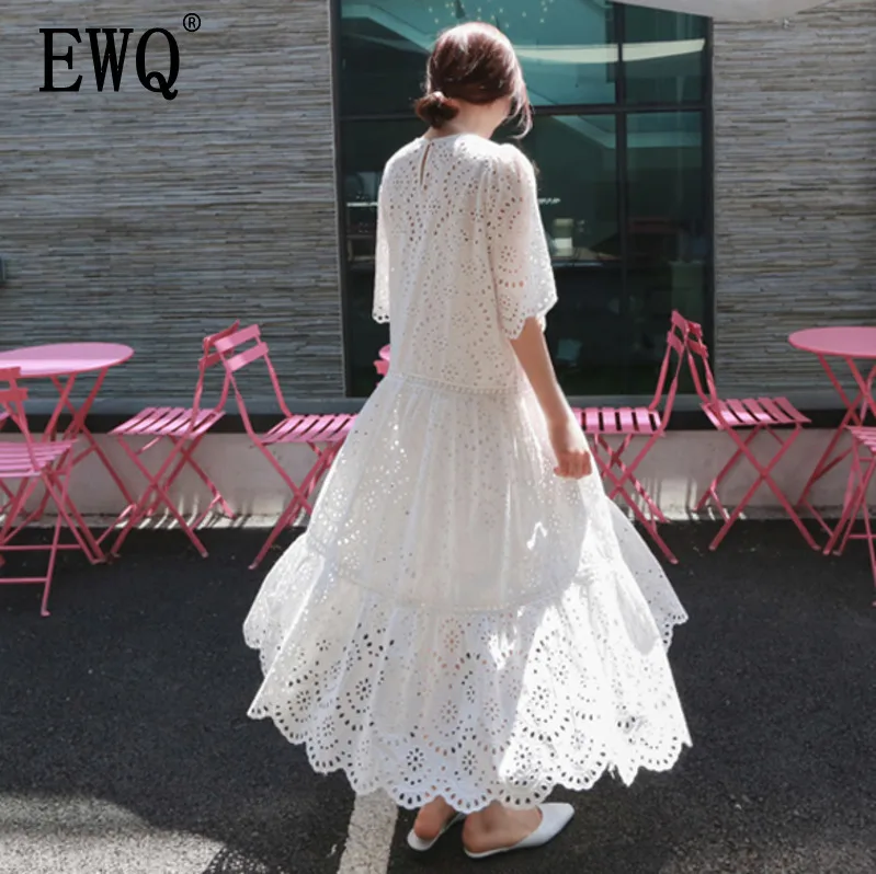 

[EWQ]2019 spring new Korean style Flare Sleeve O-Neck large pendulum solid color stitching cotton linen women summer dress QG361