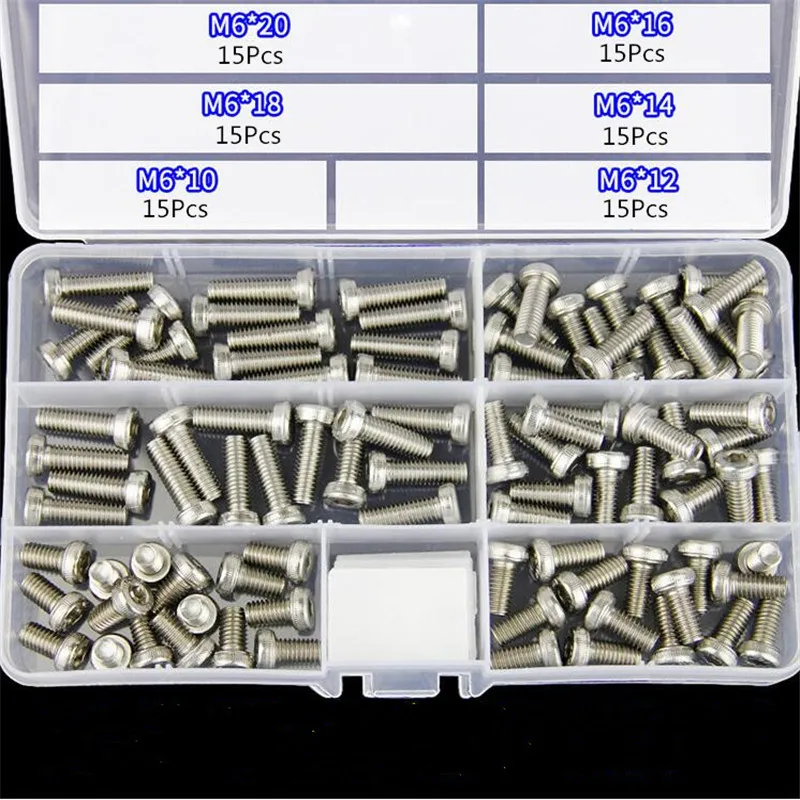 

90Pcs M6 Hex Socket Thin Cap Head Low Profile 304 Stainless Steel Screw Bolts Set 10-20mm with Plastic Case