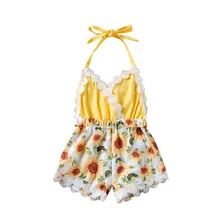 Newborn Toddler Kids Baby Girl Sling Romper Neck Sunflower Sleeveless Jumpsuit Outfits Sunsuit Cute Summer Clothes baby girl clothes summer ruffled sleeves blue white plaid baby romper newborn toddler kids jumpsuit sunsuit outfits