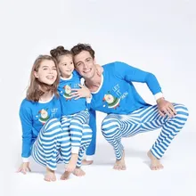 Рождественский Семья хлопковые пижамы комплект новые папа и мама детская одежда с длинными рукавами синий пижамы Рождество Санта Клаус ночное 2 шт. комплект