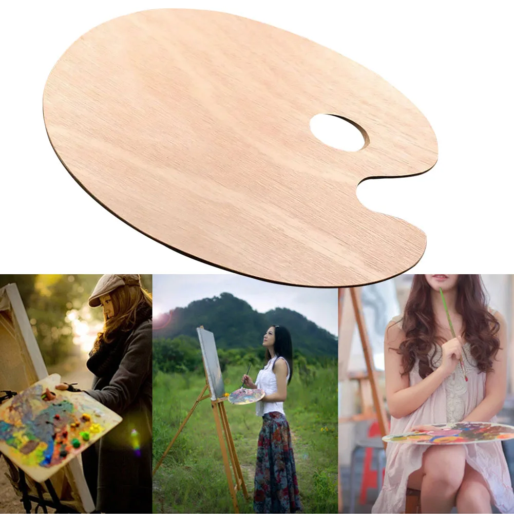 

Watercolor Palette Paint Palette With Thumb Hole Artist Tray Smooth Wooden Oval Flat Acrylic Oil Painting Art Supplies #20