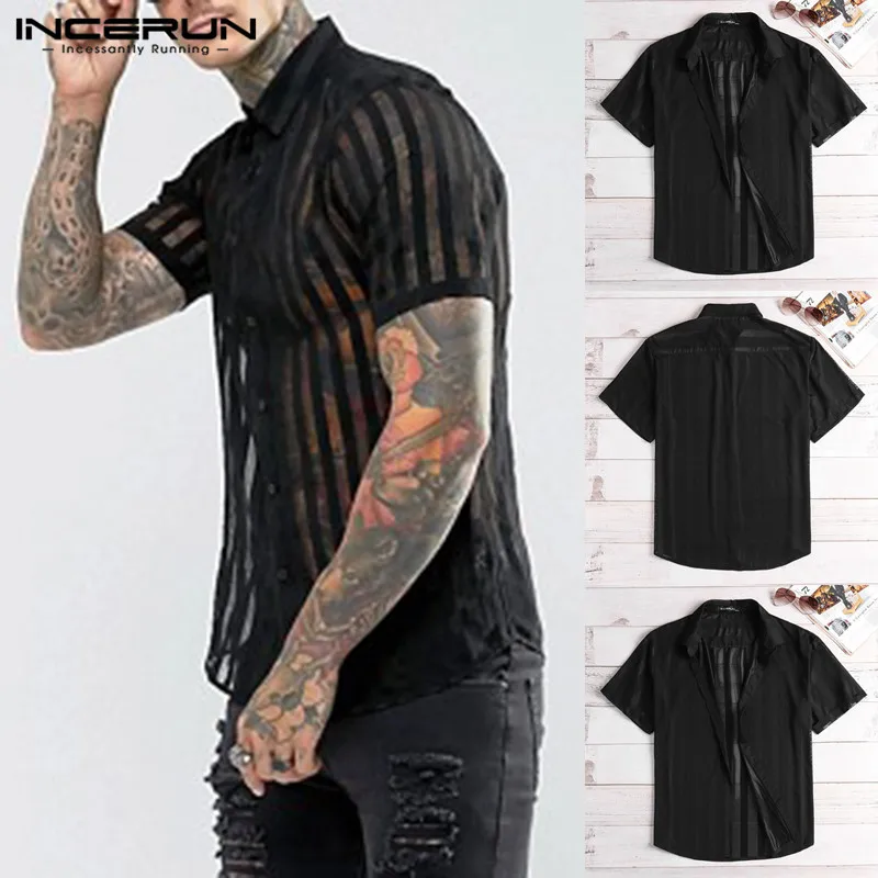 

INCERUN 2019 Fashion Sexy Striped Men Shirt Short Sleeve Lapel Neck Transparent Tops See Through Nightclub Party Men Shirts 5XL