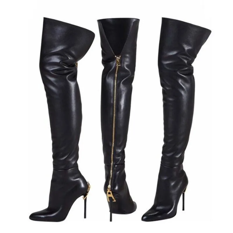 

Newest Fashion Black Leather Thigh High Boot Golden Zip Decor Pointed Toe Boot Tight Slim Thin High Heels Boots For Woman