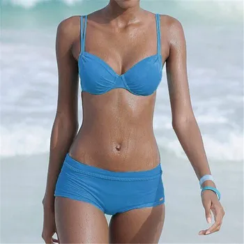

Hot Sale Women Split Two Pieces Swimsuit 2019 New Summer High Waist Padded Bandage Push-up Bikini Set Solid Swimwear Beachwear