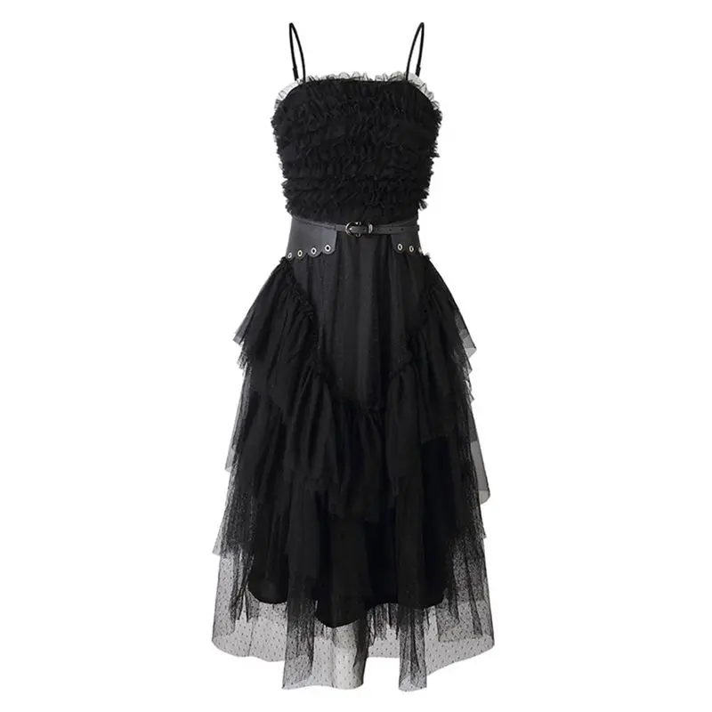 

Rosetic Sexy Black Dress Women Summer Ball Gown Mesh Draped Goth Backless Clubwear Female Party Elegant Strap Lace Mesh Dresses